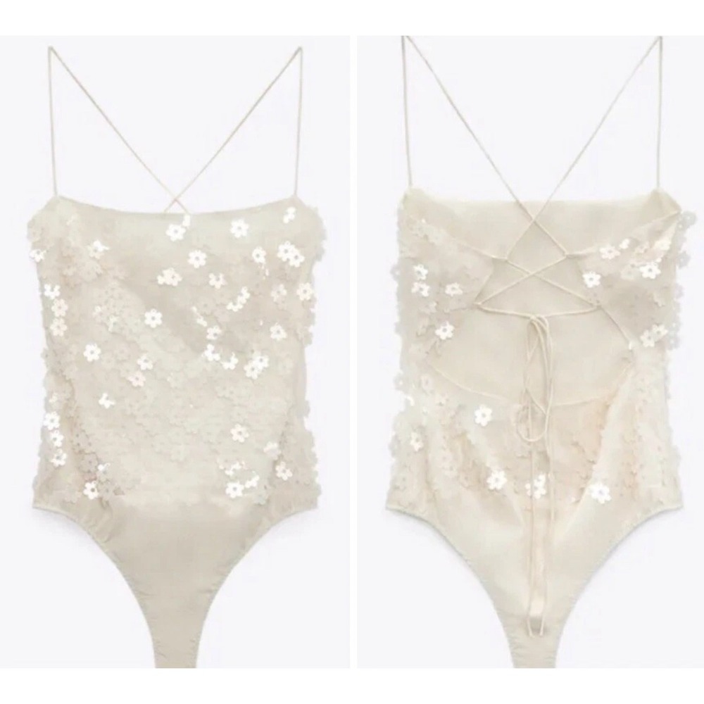 Zara Womens Bloggers Favorite Floral Applique Sequin Bodysuit‎ Lace Up Back XL